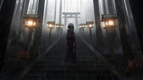 2560x1440 Resolution Anime Girl Standing In Rain Inside Torii 5k 1440p