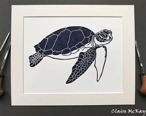 Original Lino Print Sea Turtle In Prussian Blue By Claire Mckay Linosnede