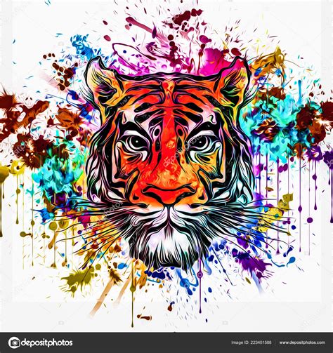 Salvaje Tigre Cara Tatuaje Con Colorido Abstracto Fondo Fotografía De