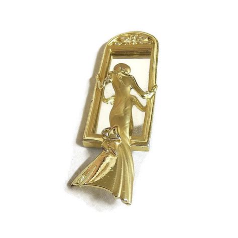 art deco style lady in a mirror brooch vintage soft gold tone signed ajc by myvintagejewels on