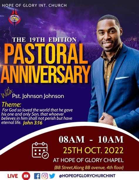 A Flyer For Pastoral Anniversary With An Image Of A Man In A Blue Suit