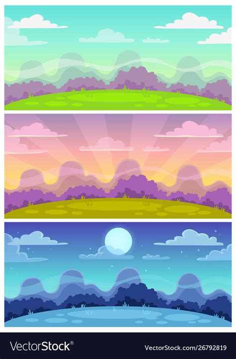 Cute Cartoon Landscapes Set Day Evening Night Vector Image