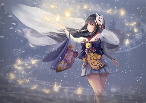 Download 2000x1414 Anime Girl Japanese Clothes Smiling Black Hair Mask Birds Wallpapers