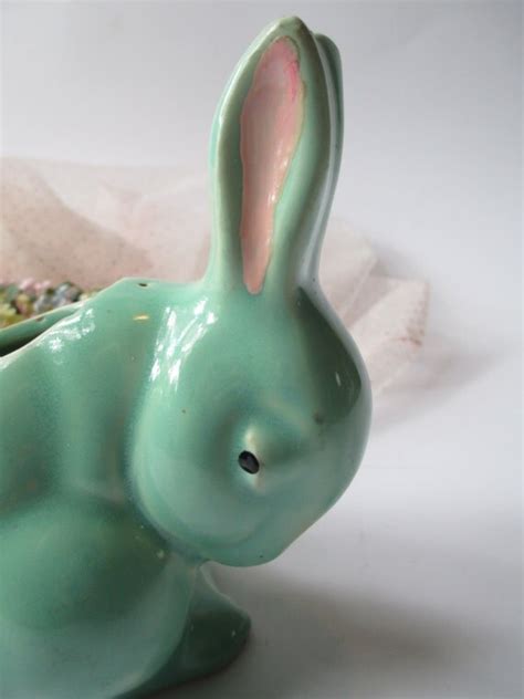 Sweet Vintage Aqua Pink Ceramic Bunny Planter