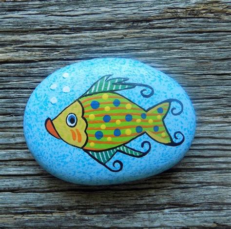 Whimsical Fish Painted Rockdecorative Accent Stone