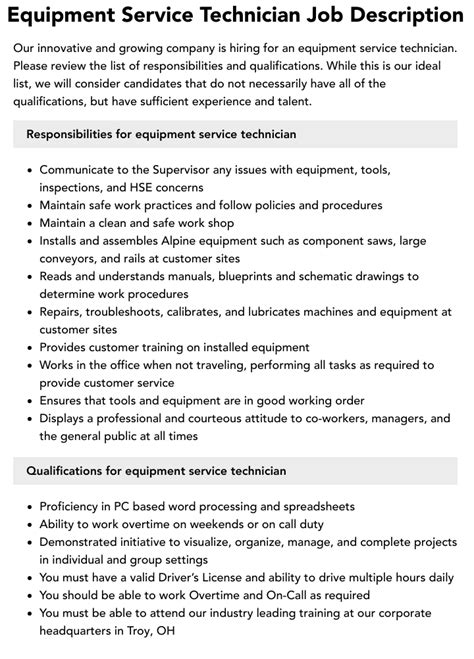 Equipment Service Technician Job Description Velvet Jobs