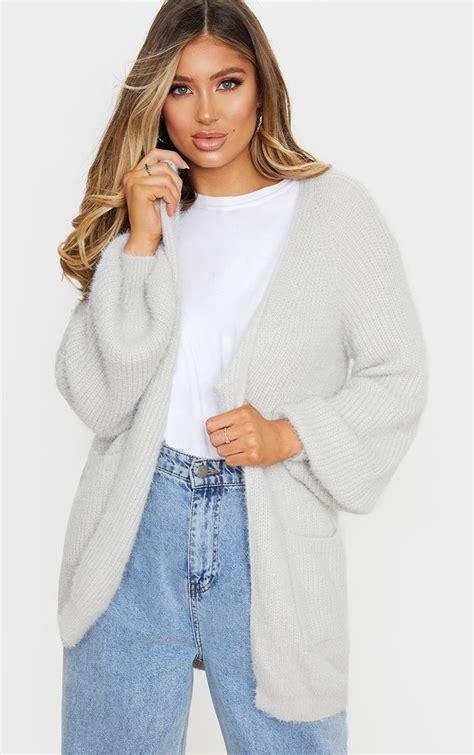 Grey Fluffy Knit Oversized Cardigan Prettylittlething