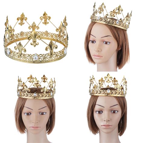 Men Tiara King Crown Imperial Medieval Fleur De Lis Rhinestone Crystal