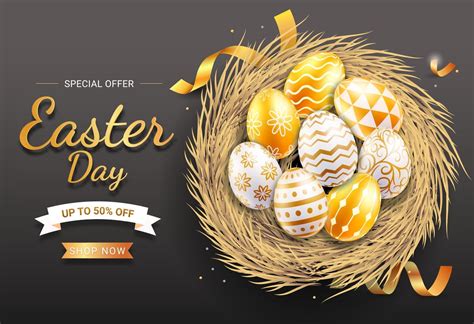 Happy Easter Day Gold And White Easter Eggs With Different Patterns And