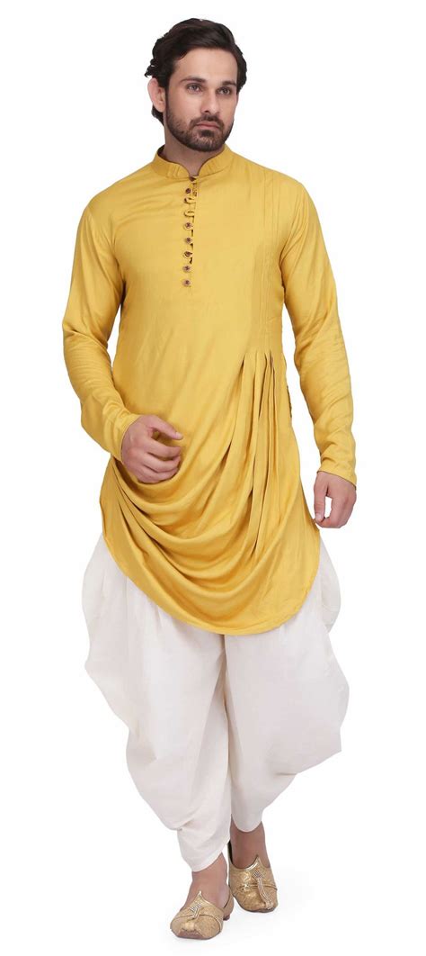Rayon Dhoti Kurta In Yellow With Thread Work Mens Clothing Styles