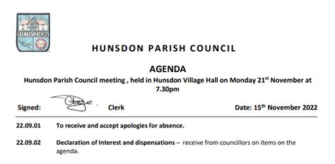 Hunsdon Parish Council Meeting Agenda November 21 2022 Hunsdon