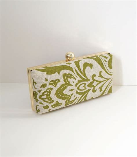 Hand Made Dark Green Cotton Damask Clutch Purse By The Button Tree Co