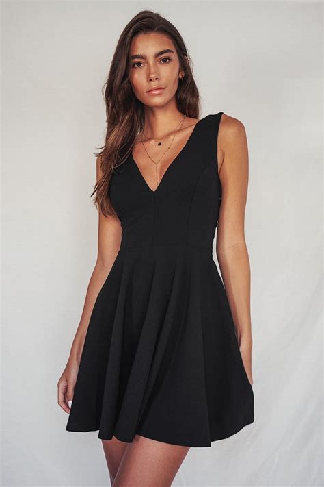 Sexy LBD Black Skater Dress Plunging Skater Dress Lulus