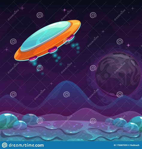Cartoon Orange Ufo Flying Under The Alien Slimy Landscape Stock Vector