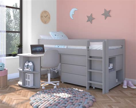 Stompa Grey Midsleeper Bed With Desk Chest And Storage Room To Grow