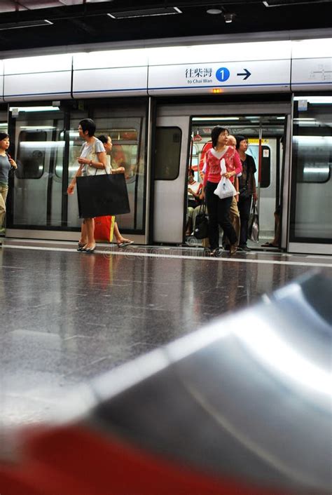 Passengers In Platform In Mtr Metro Chai Wan Station Hong Kong