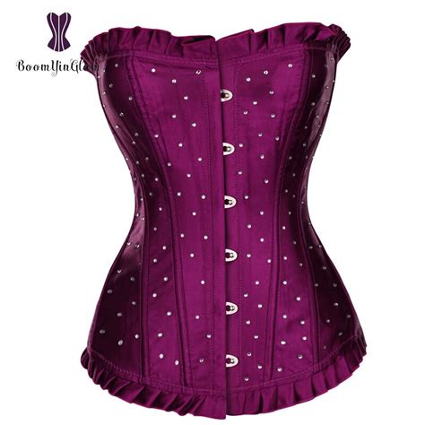 Waist Trainer Corset Satin Push Up Overbust Top Purple Rhinestone Corselet Sexy Lingerie Lace Up
