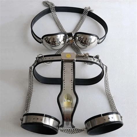 5pcsset Stainless Steel Female Chastity Belt Pants Bondage Kit Handcuffs Neck Collar Bra Bdsm