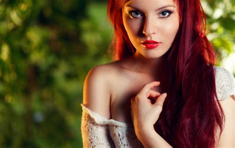 Wallpaper Women Model Redhead Red Lipstick Gray Eyes Looking At Viewer Long Hair