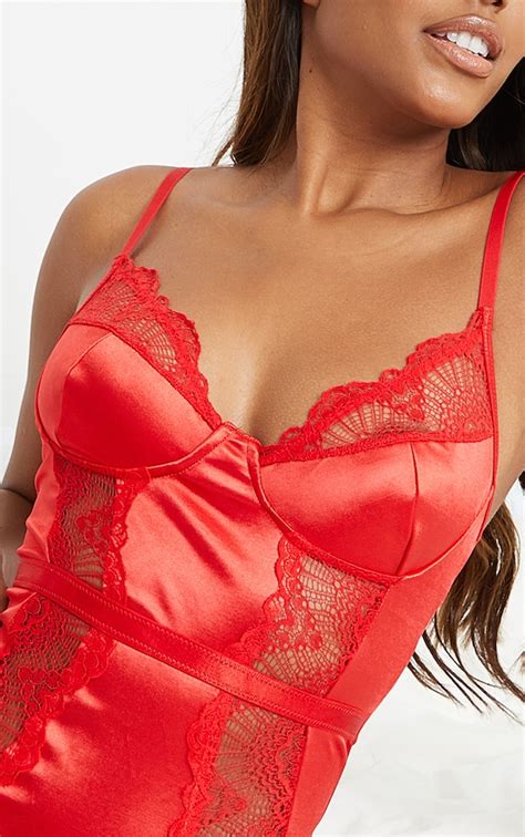 red satin lace trim binding body lingerie prettylittlething
