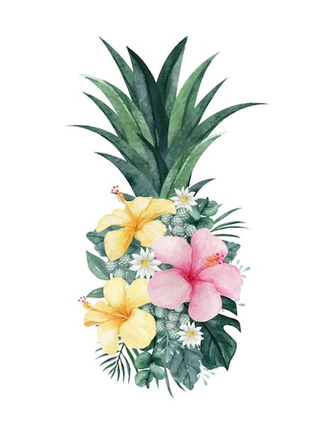 Premium Vector Watercolor Pineapple Illustration With Tropical Floral
