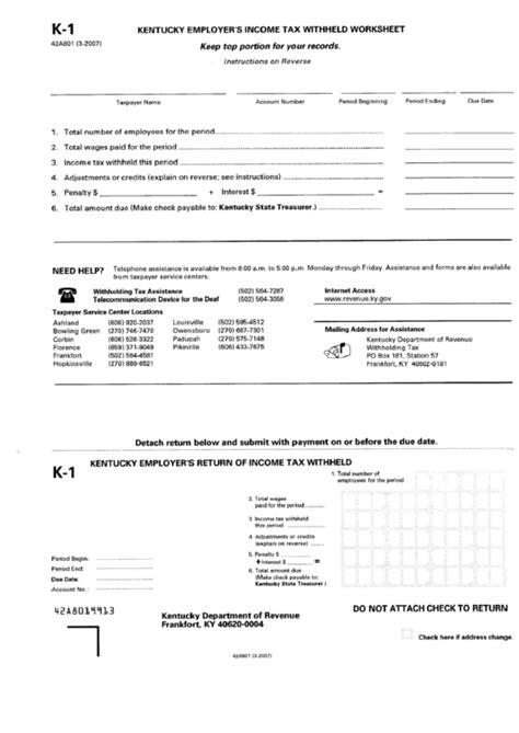 Form K 1 Kentucky Employers Income Tax Withheld Worksheet Printable