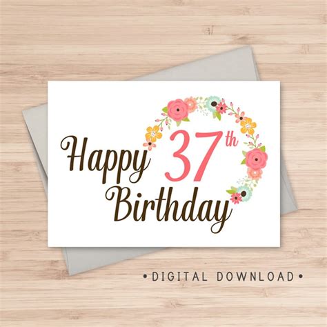 Printable Happy 37th Birthday Card Instant Download Pdf Etsy