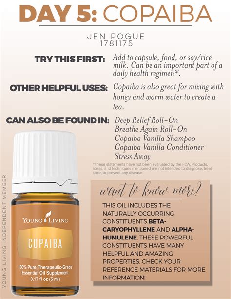 It can treat inflammation, reduce pain, protects from infections, speeds wound healing, boost respiratory nutritional profile. Day 5: Copaiba Essential Oil - Oils Y'all