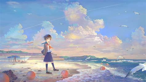 2560x1440 Anime Girl At The Seaside 1440p Resolution Wallpaper Hd