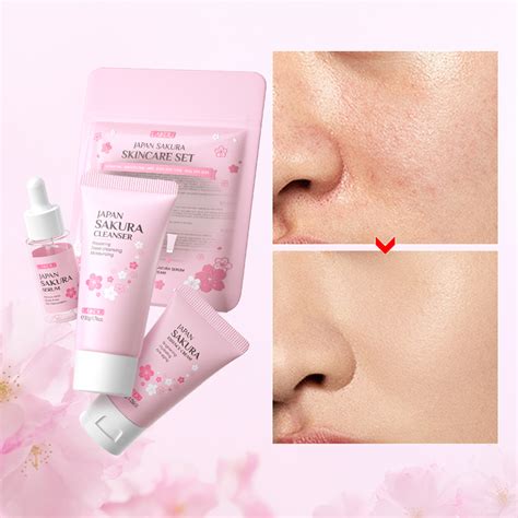 LAIKOU Sakura Skincare Set 3pcs Pack Suero Limpiador Crema Facial Traje