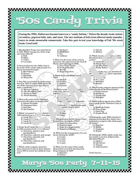 On this page i am sharing free printable baby shower trivia quiz in three different colors. 1950s Candy Trivia Printable Game - 1950s Trivia - Candy ...