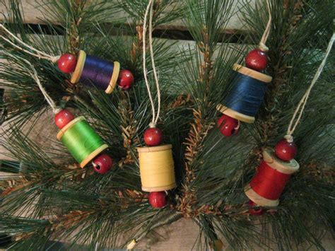 Wooden Spool Christmas Ornaments 5 Vintage Ornaments Wood