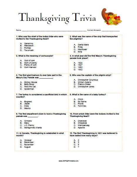 Twenty images, with space to write your answers on the same sheet. 10 Thanksgiving Trivia Questions | KittyBabyLove.com