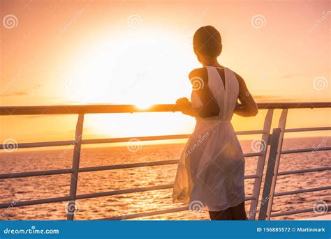 Cruise Ship Vacation Woman Travel Watching Sunset At Sea Ocean View Elegant Lady In White Dress