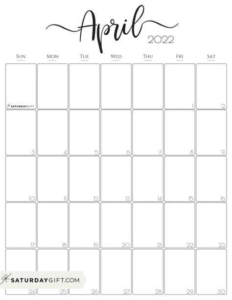Cute And Free Printable April 2022 Calendar Saturdayt