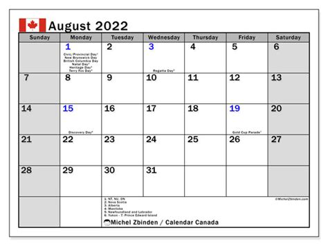 Printable August 2022 “canada” Calendar Michel Zbinden En