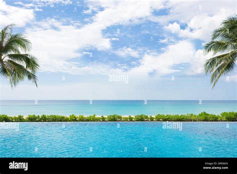 Beautiful Beach And Tropical Sea Viewing From Swimming Pool Stock