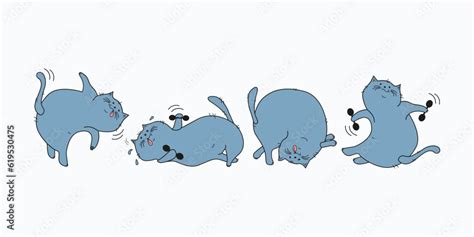 Cartoon Cats Set Fat Happy Cats Doing Gymnastics Cat With Dumbbells