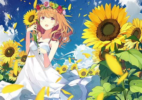 Download 1500x1061 Anime Girl Summer Dress Sunflowers White Dress