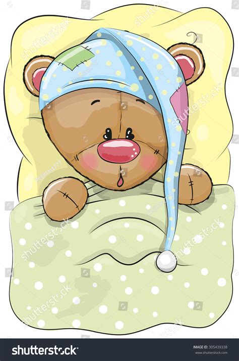 Cute Cartoon Sleeping Teddy Bear With A Cap In A Bed Stock Vector