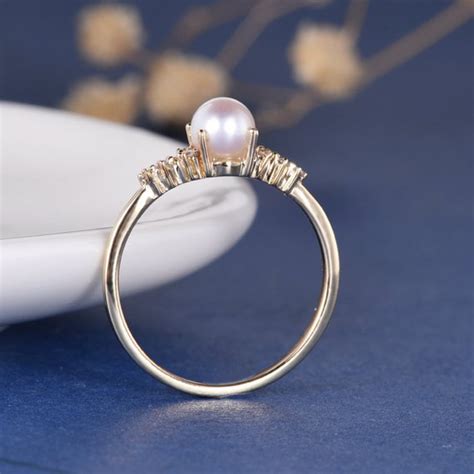 5mm Akoya Pearl Engagement Ring Flower Unique Wedding Yellow Gold