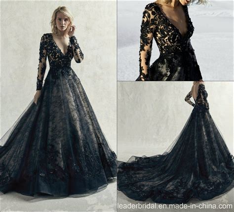 China Black Bridal Gown Cathedral Tail Long Sleeves Lace Custom Wedding