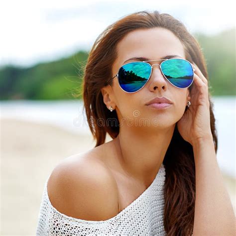 Closeup Fashion Beautiful Woman Portrait Wearing Sunglasses Stock Photo