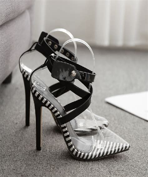 Clear Pointed Black White Stripe Heels Iconic7