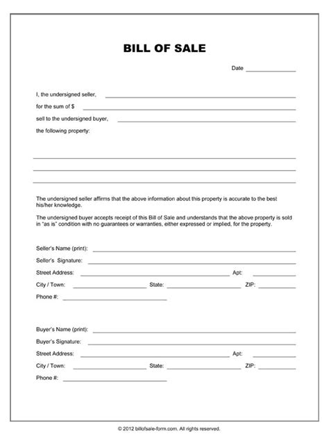 Free Printable Equipment Bill Of Sale Template Form Generic