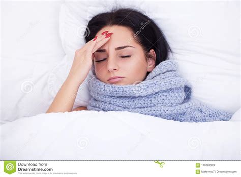 Sick Young Woman Is Coughing On The Bed Stock Image Image Of Illness
