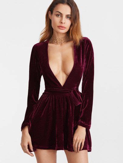 Burgundy Deep V Neck Velvet Dress With Belt Velvet Dress Long Sleeve