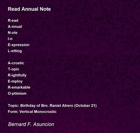 Read Annual Note Poem By Bernard F Asuncion Poem Hunter