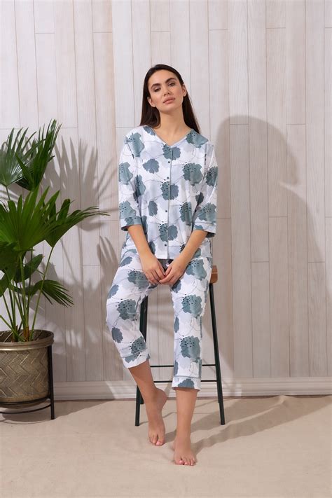 Kadın Büyük Beden Midi Kapri Pijama Takımı 65304 Yeşil Baskılı