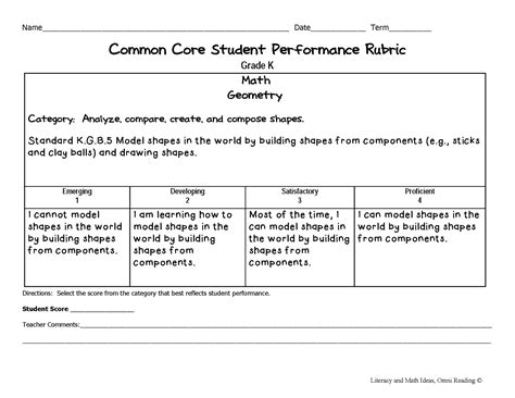 Common Core Math Rubrics Grade Kindergarten Literacy And Math Ideas